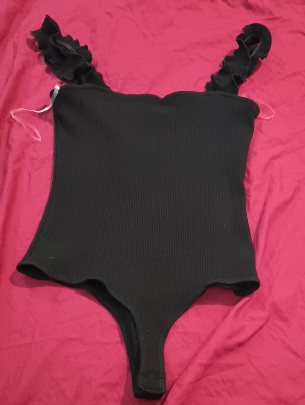 dina be Black Ruffled-Strap One-Piece Bodysuit Size L Ribbed Flattering NWT New